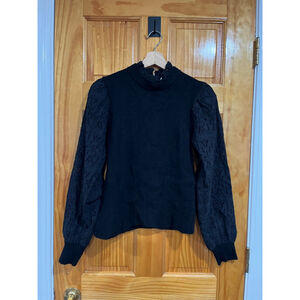 Sea NY Iris Eyelet Black Peasant Balloon Sleeve Wool Cotton Mock Neck Sweater